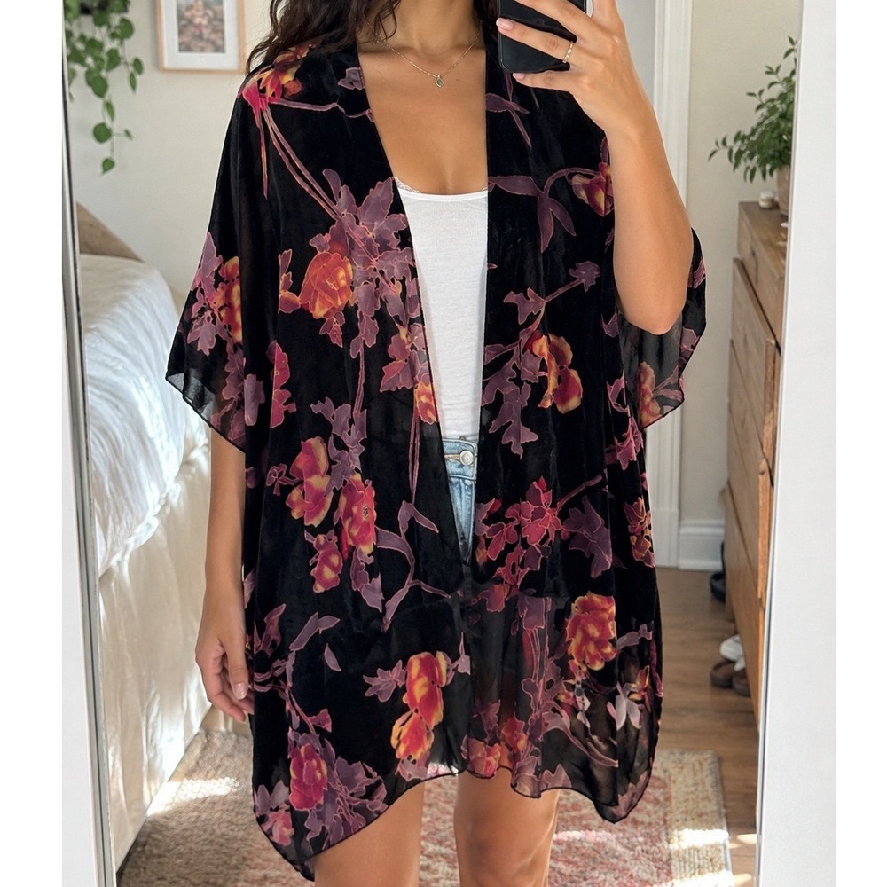 LOFT Velvet Burnout Kimono Wrap Floral Dark Romantic Witchy One Size  whimsy